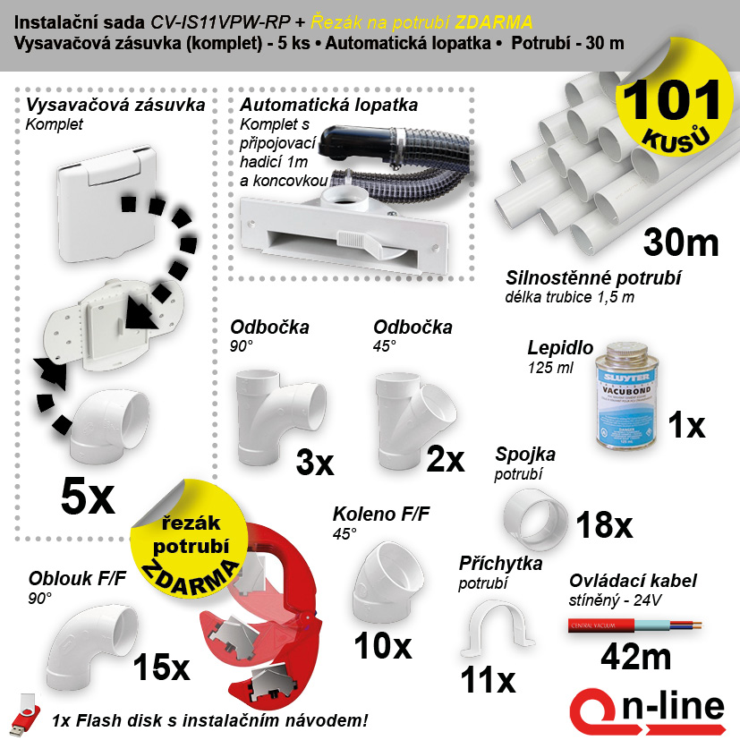 Instalační komplet centrálního vysávání - zásuvka (5 ks), podlahová štěrbina (1 ks), řezák potrubí(1 ks), potrubí (30 m), potrubní díly (101 dílů).