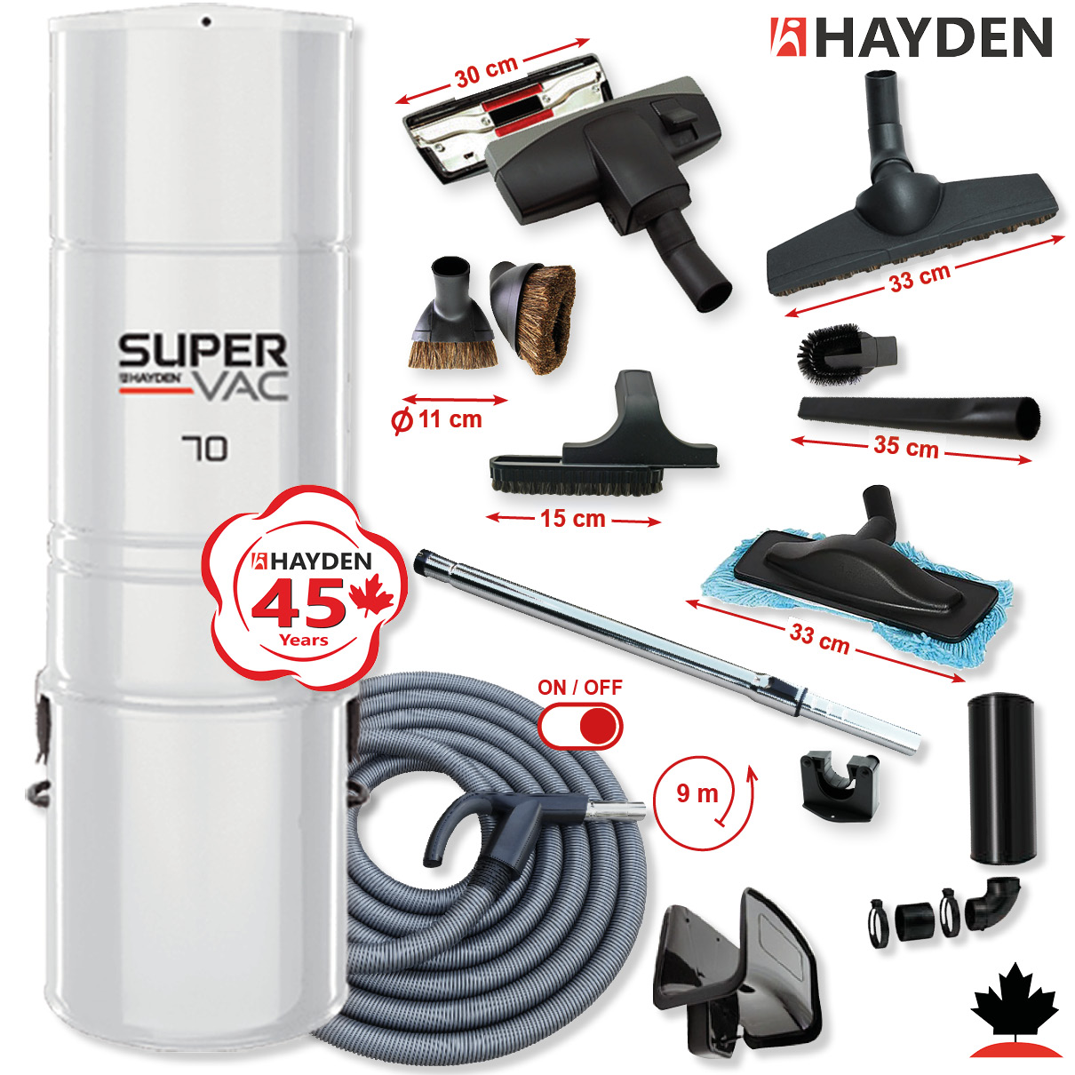 Centrální vysavač HAYDEN 70 Super Vac (780 AW) + Sada příslušenství PREMIUM s hadicí 9,1 m (11 ks).