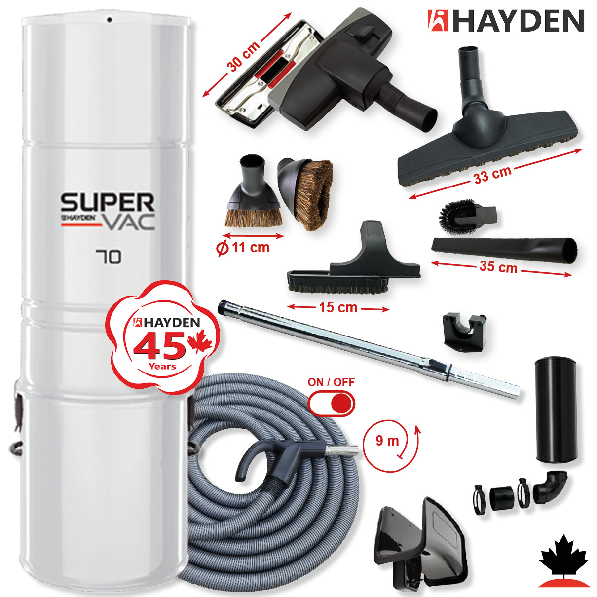 Centrální vysavač HAYDEN 70 Super Vac (780 AW) + Sada příslušenství STANDARD s hadicí 9,1 m (10 ks).