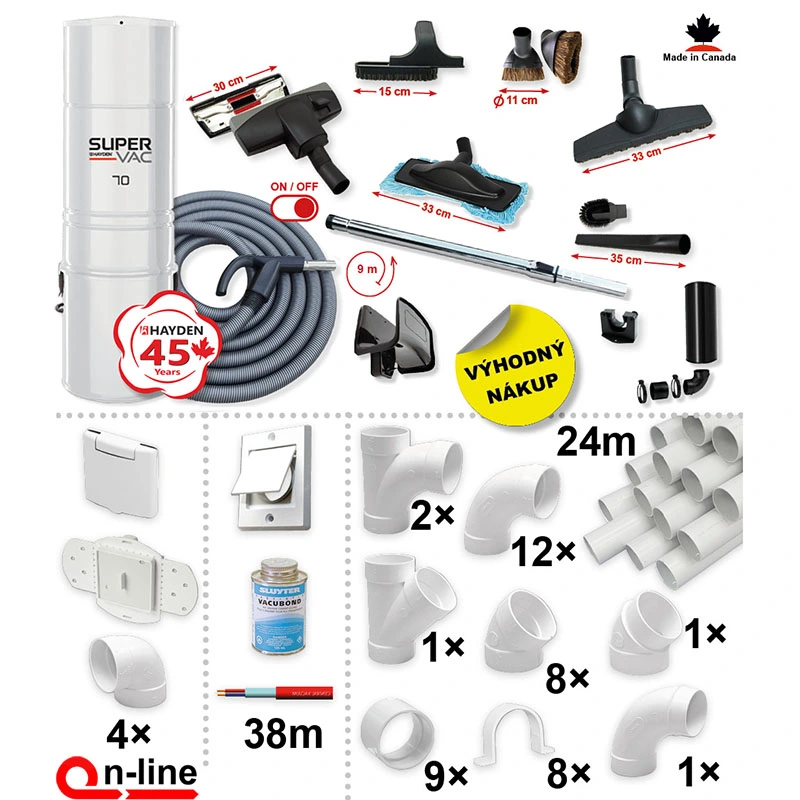 Centrální vysavač HAYDEN 70 Super Vac (780 AW) + Sada příslušenství PREMIUM s hadicí 9,1 m (11 ks), Instalační sada potrubí: 24 m - 4x zásuvka.