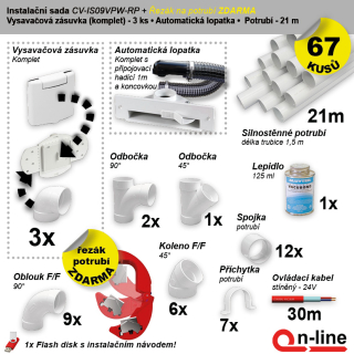 Instalační komplet centrálního vysávání - zásuvka (3 ks), podlahová štěrbina (1 ks), řezák potrubí(1 ks), potrubí (21 m), potrubní díly (67 dílů).