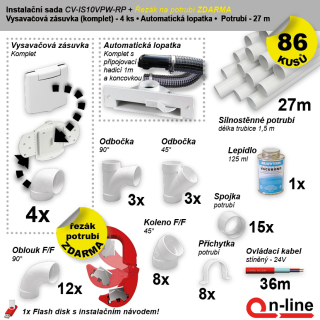 Instalační komplet centrálního vysávání - zásuvka (4 ks), podlahová štěrbina (1 ks), řezák potrubí(1 ks), potrubí (27 m), potrubní díly (86 dílů).