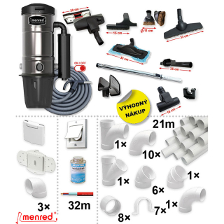 Centrální vysavače MENRED CVS-1800BP PLUS (770 AW) + Sada příslušenství ELITE s hadicí 9,1 m (12 ks), Instalační sada potrubí: 21 m - 3x zásuvka.