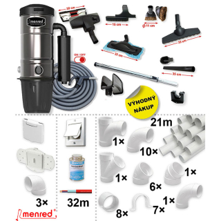 Centrální vysavač MENRED CVS-1800BP PLUS (770 AW) + Sada příslušenství PREMIUM s hadicí 9,1 m (11 ks), Instalační sada potrubí: 21 m - 3x zásuvka.