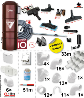 Centrální vysavač Cyclovac H2025 (820 AW) + Sada příslušenství PREMIUM s hadicí 9,1 m (11 ks), Instalační sada potrubí: 33 m - 6x zásuvka. Záruka 10 let.